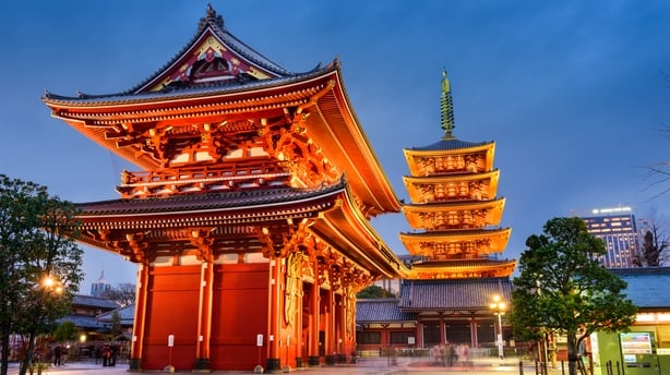 Asakusa, Tokyo at Sensoji Temple's Hozomon Gate and five storied pagoda.