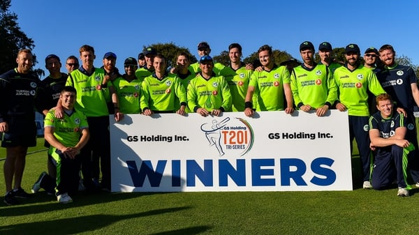 Ireland celebrate after beating Scotland to win the T20 International Tri Series at Malahide