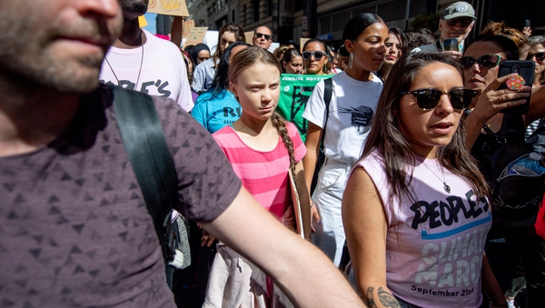 Greta Thunberg (pink top) joined young activists demonstrating in New York