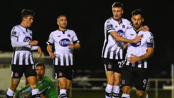 Daniel Kelly of Dundalk celebrates with Patrick Hoban after scoring the game's decisive goal