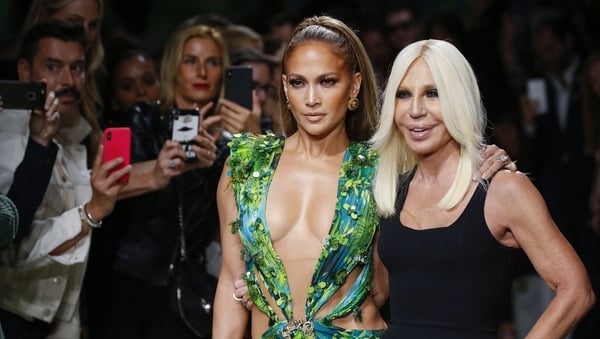 Donatella Versace and Jennifer Lopez at the Versace show during the Milan Fashion Week.