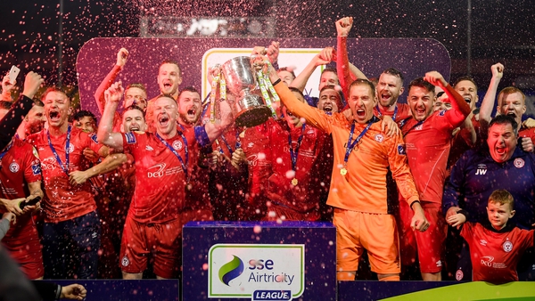 Shelbourne lift the First Division trophy at Tolka Park