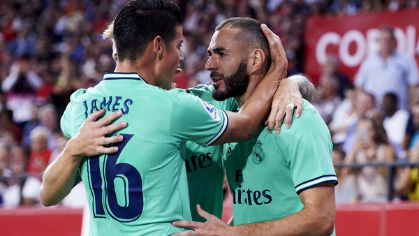 Karim Benzema celebrates with Toni Kroos and James Rodriguez