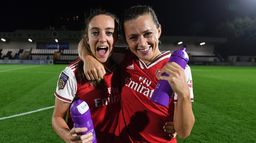 Katie McCabe (R) will be aiming to drive the Gunners into the Champions League quarter-finals