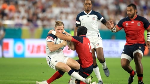 Mako Vunipola Piers Francis (r) with the tackle on Will Hooley