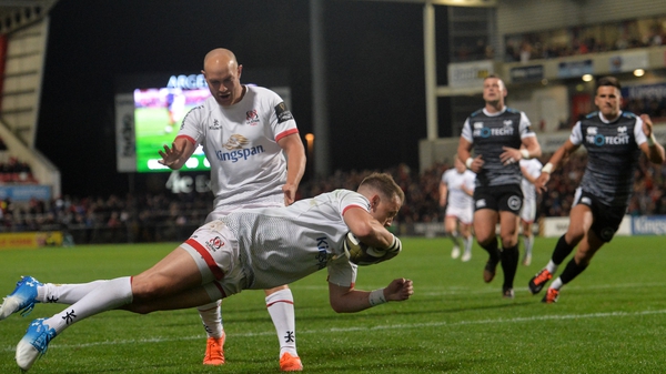 Craig Gilroy crosses the whitewash for Ulster's first try of the night