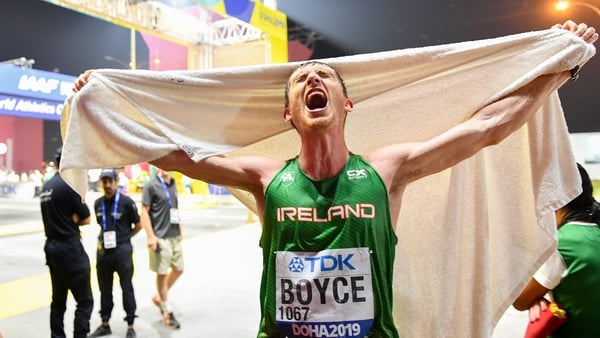 Brendan Boyce celebrates after completing the 50k walk