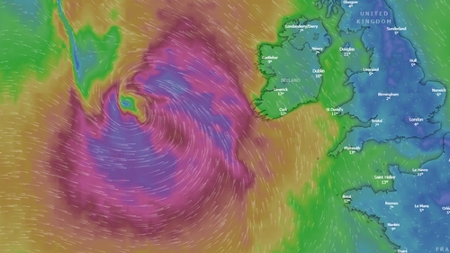 Storm Lorenzo will bring heavy rain and high winds from this afternoon (Image: Windy.com)