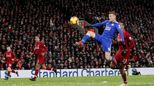Jamie Vardy at Anfield last season in the 1-1 draw with Liverpool