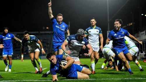 Rónan Kelleher dives over for his side's fourth try
