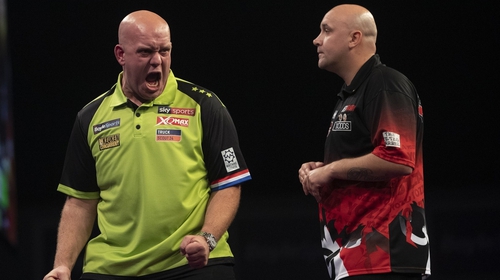 Michael van Gerwen shows his delight after coming through the first round
