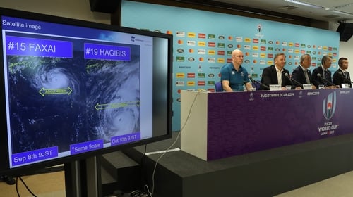 Rugby World Cup tournament chiefs demonstrate to the media, the potential impact of Typhoon Hagibis