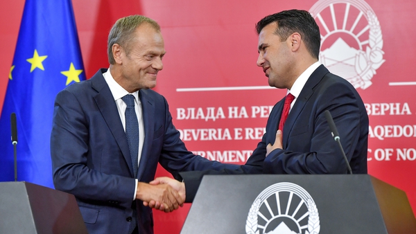 European Council President Donald Tusk and North Macedonian Prime Minister Zoran Zaev at a press conference in Skopje last month