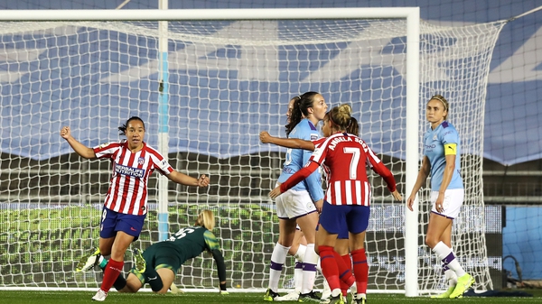 Charlyn Corral wheels away after equalising for Atletico Madrid at the Academy Stadium in Manchester
