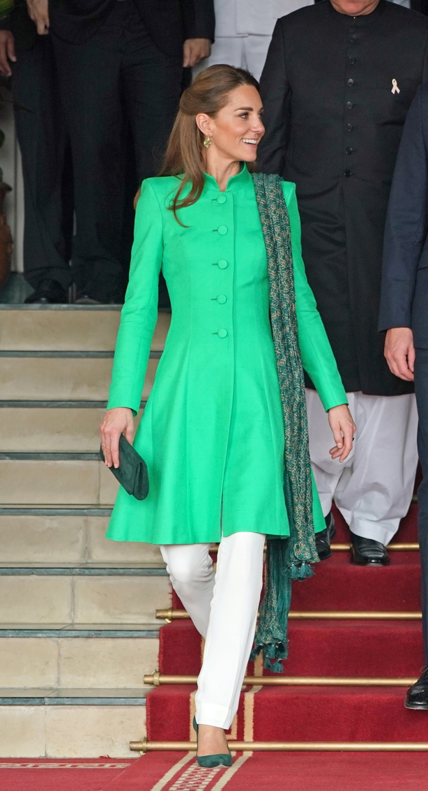 Kate goes for more bright colours in Catherine Walker and Maheen Khan (Owen Humphreys/PA