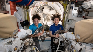 Christina Koch and Jessica Meir during preparation for their spacewalk