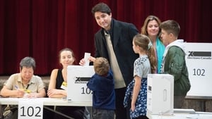 Justin Trudeau casting his vote with his family in Montreal
