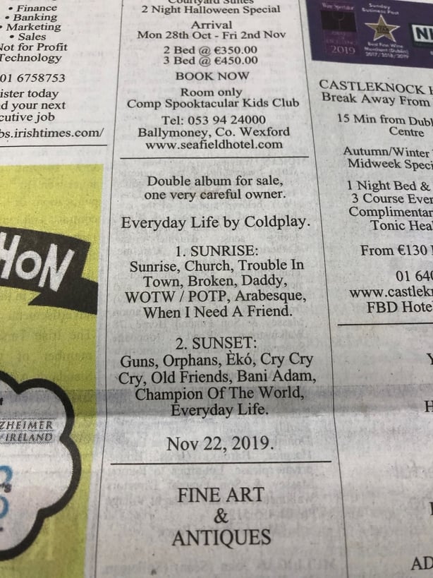 Coldplay reveal 'Everyday Life' album tracks through advert in local paper