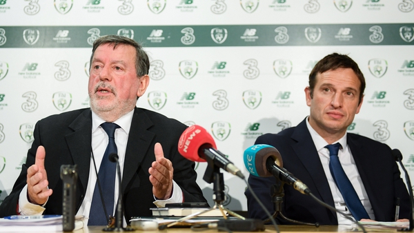 FAI president Donal Conway, left, and FAI general manager Noel Mooney at Abbotstown on Friday