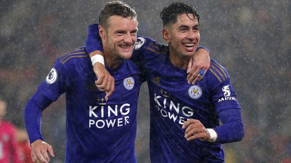 Hat-trick heroes Jamie Vardy and Ayoze Perez celebrate at St Mary's