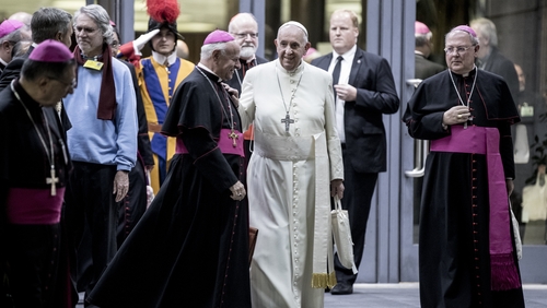 Pope Francis talks to bishops at the end of the three-week synod on the Pan-Amazon region