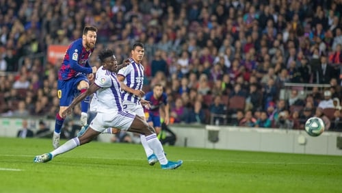Lionel Messi scores his second goal against Real Valladolid