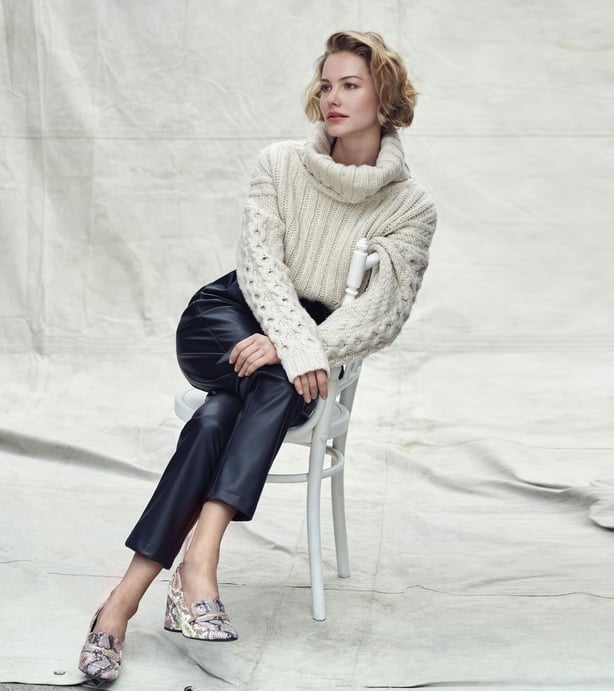 Dorothy Perkins Cream Cable Jumper; Black PU Belted Trousers; Snake Loafers