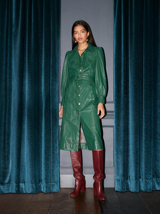 Kitri Studio Elena Green Faux Leather Shirt Dress