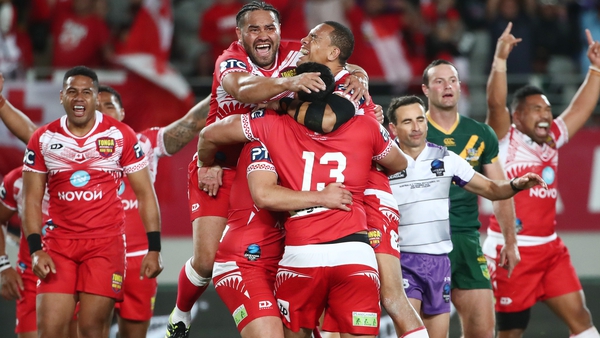 Tonga celebrate a famous win over Australia