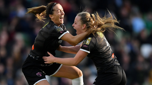 Lauren Kelly of Wexford Youths, right, celebrates Kylie Murphy after opening the scoring at the Aviva Stadium