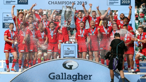 Saracens players celebrate winning the 2019 Gallagher Premiership