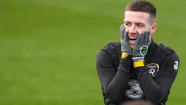 Jack Byrne sharing a joke at Ireland training on Wednesday