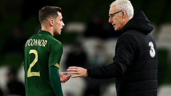 Lee O'Connor gets some advice from Republic of Ireland manager Mick McCarthy