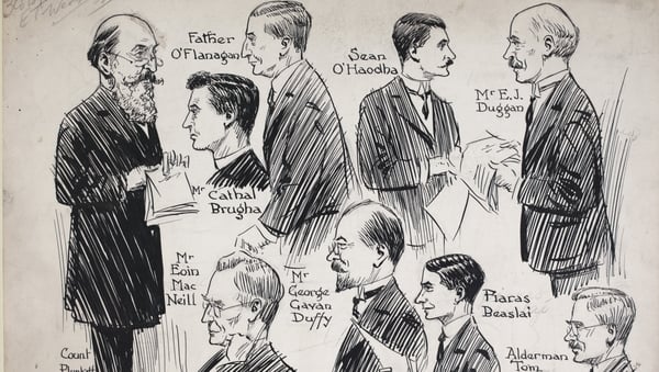 Count Plunkett, Cathal Brugha, Father Michael O'Flanagan, Sean O'hAodha, E. J. [Éamonn] Duggan, Eoin Mac Neill, George Gavan Duffy, Piaras Beaslaí and Alderman Tom Kelly at the Dáil in June 1919, by Frank Leah. Image courtesy of National Library of Irelan