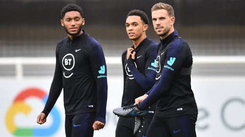 Joe Gomez and Jordan Henderson, along with Trent Alexander-Arnold, during an England training session this week