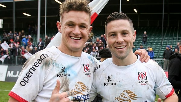 Billy Burns (L) and John Cooney celebrate Ulster's win at bath