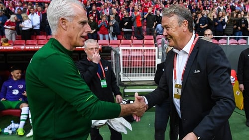 Mick McCarthy (L) and Age Hareide before the 1-1 draw in Denmark