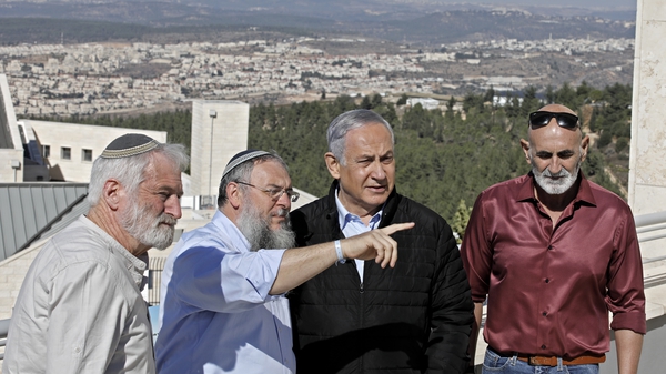 Israeli Prime Minister Benjamin Netanyahu (2-R) meets with heads of Israeli settlement authorities in the Gush Etzion block in the West Bank