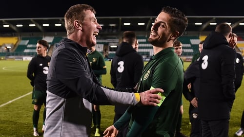 Irel;and Under-21 manager Stephen Kenny and Zack Elbouzedi after the 4-1 victory over Sweden