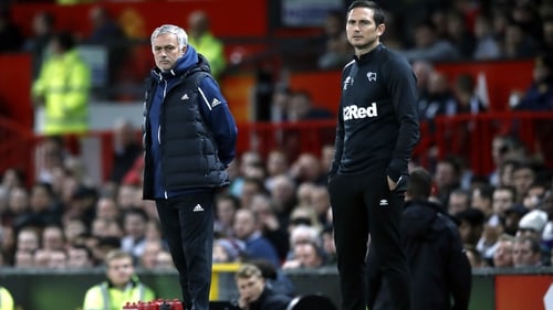 Jose Mourinho (L) and Frank Lampard on the touchline as managers of Manchester United and Derby County respectively last year