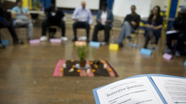 A restorative justice training session at a school in California: 