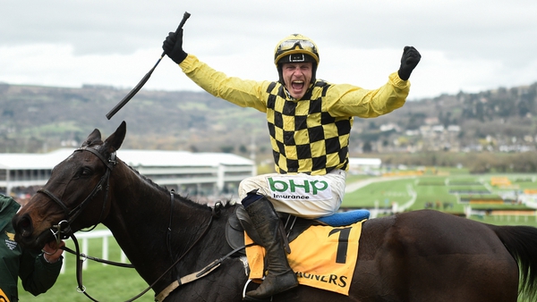 Paul Townend celebrates aboard Al Boum Photo after the Cheltenham Gold Cup victory in March