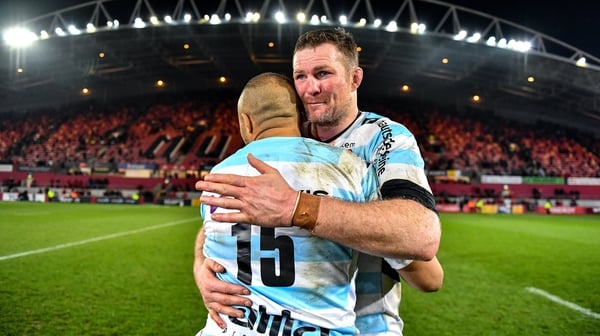 Donnacha Ryan embraces Racing 92 team-mate Simon Zebo after the thriller at Thomond Park