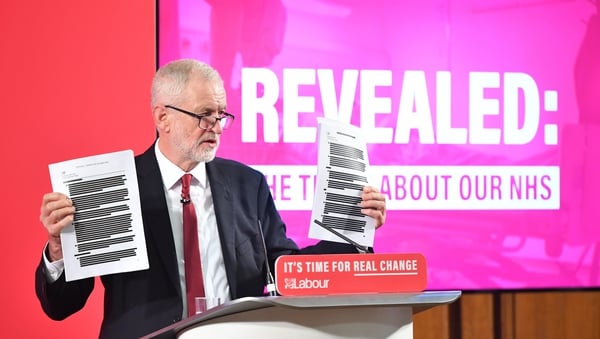 Jeremy Corbyn holds a redacted copy of the Department for International Trade's UK-US Trade and Investment Working Group