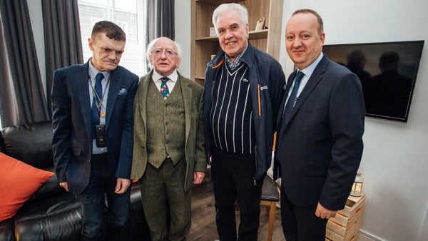 Paddy Fay, President Higgins, Fr Peter McVerry and Pat Doyle pictured at Tabor House