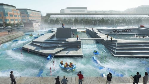 The proposed centre at George's Dock would be located between the IFSC and the CHQ building (Pic:Dublin City Council)