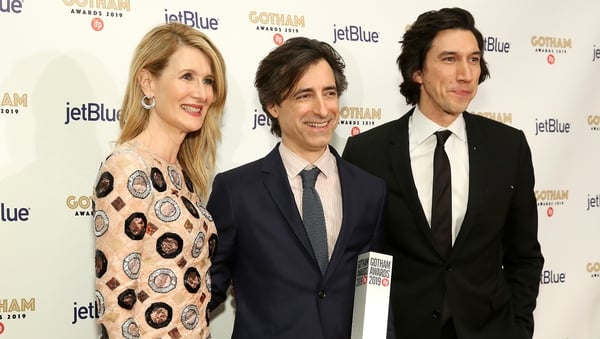 Marriage Story star Laura Dern at the Gotham Awards with writer-director Noah Baumbach (centre) and co-star Adam Driver