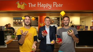 Brothers, David and Stephen Flynn, The Happy Pear, with Chris Chidley, Managing Director, Compass Group Ireland