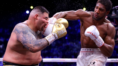 Anthony Joshua connects with a meaty right cross in his win over Andy Ruiz Jr