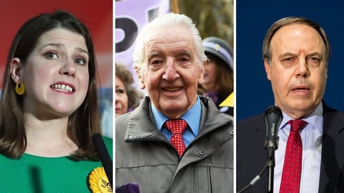Lib Dem leader Jo Swinson (L), DUP deputy leader Nigel Dodds (R) pictured overnight as they and Dennis Skinner (file photo) lost their seats